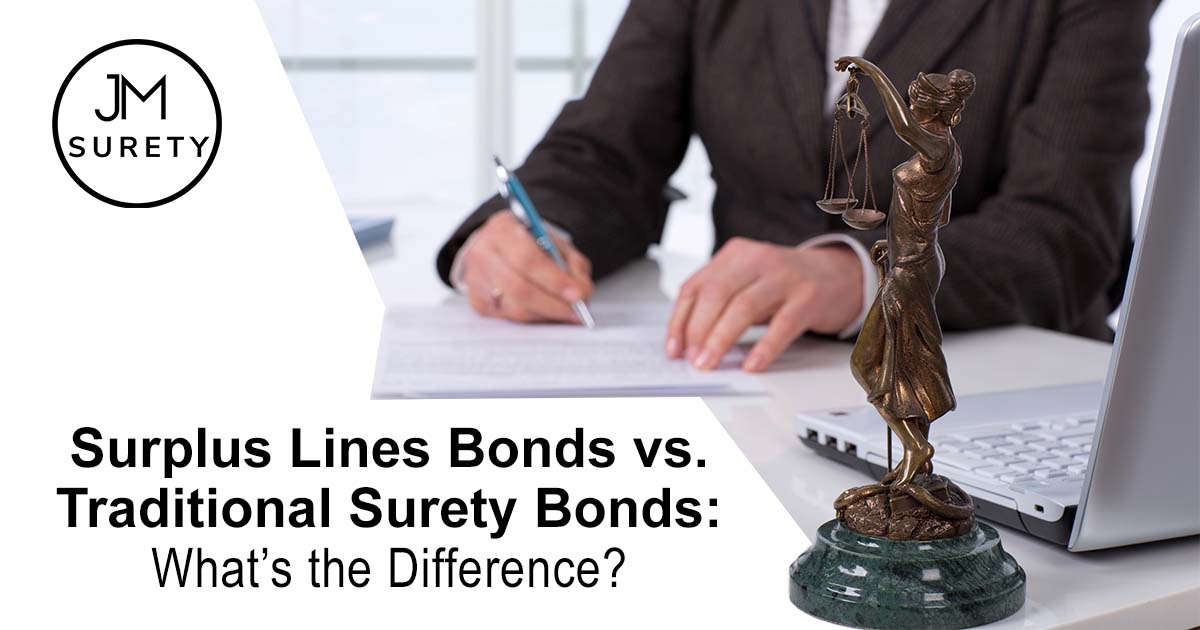 Image of a person signing a contract, featuring JM Surety and highlighting the differences between surplus lines bonds and traditional surety bonds.