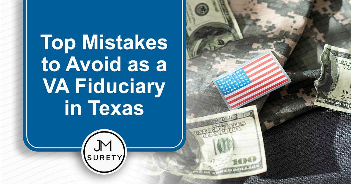 Image of the USA flag and cash representing funds from a VA loan by the U.S. Department of Veterans Affairs, featuring JM Surety and highlighting top mistakes to avoid as a VA fiduciary in Texas.