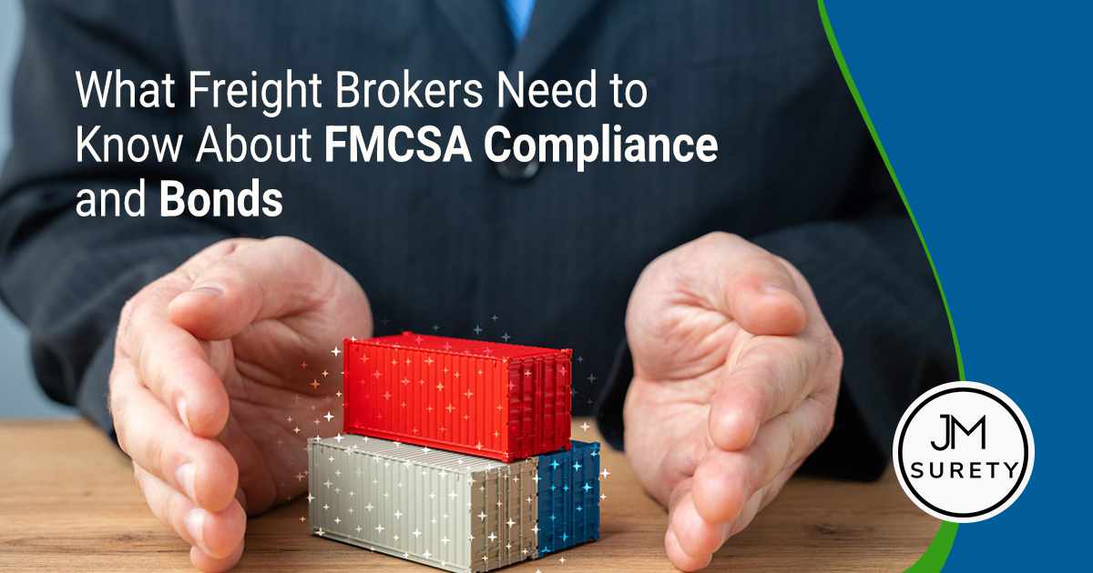Businessman protecting cargo containers with his palms, symbolizing freight service and cargo support. Image related to trade, import, export, and shipping, featuring JM Surety, highlighting what freight brokers need to know about FMCSA compliance and bonds.