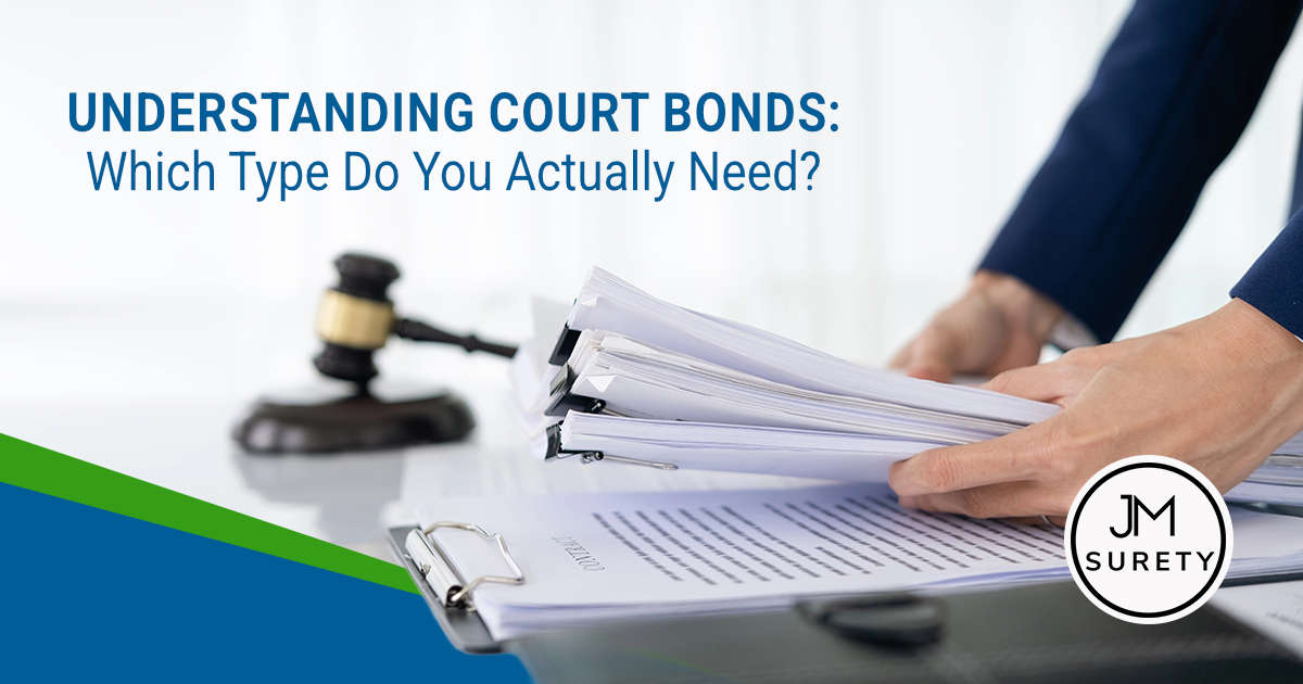 Legal documents and a judge's gavel representing different types of court bonds used during legal proceedings.